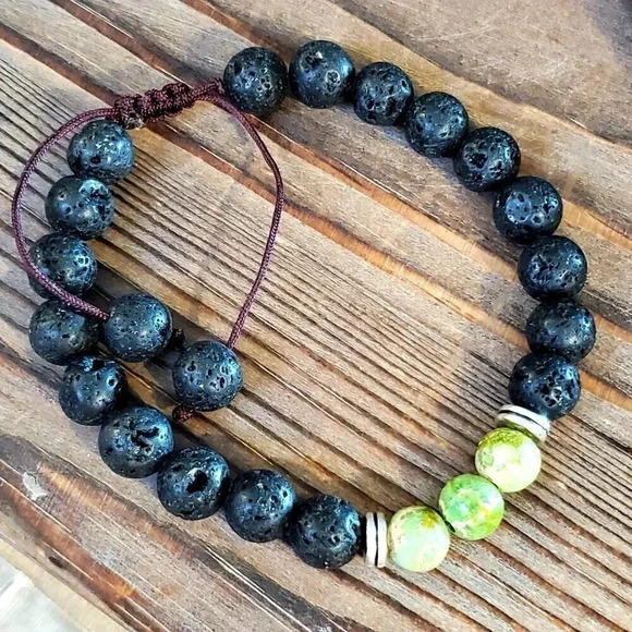 Chakra Bracelet Green Aqua Terra Jasper Black Lava Stones - Picture 1 of 7